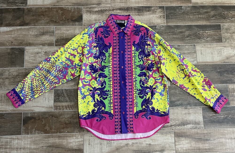 $795 NWT Versace Jeans Couture Neon Animal Baroque Long Sleeve Oversized Shirt M